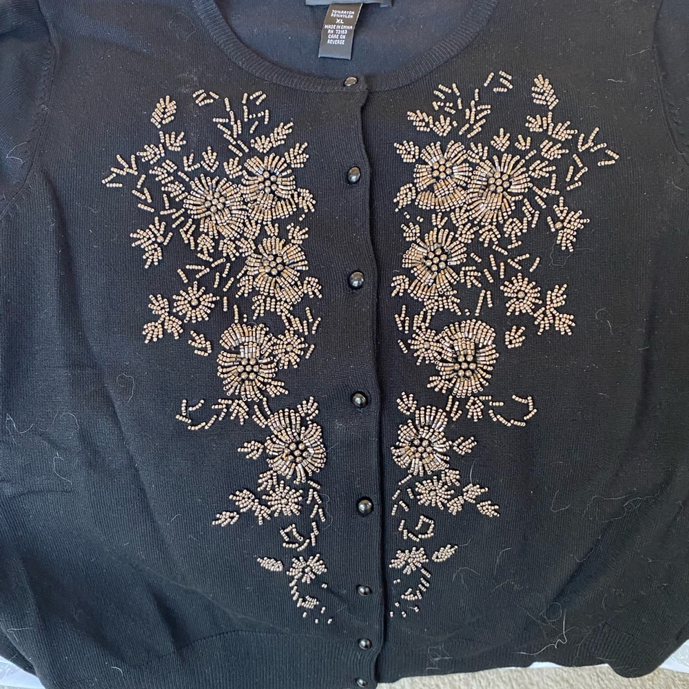 Black beaded cardigan. Gold beading is beautiful.
